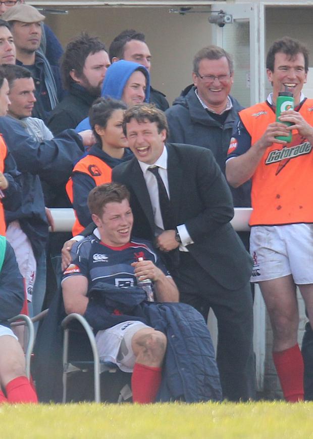Staying up: Head coach Simon Amor celebrates suvival with fly half Dan Mugford