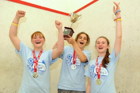 Bryony Smith, Nicole Coghill and Stephanie Highwood from Sutton’s Girls squash team celebrating their win