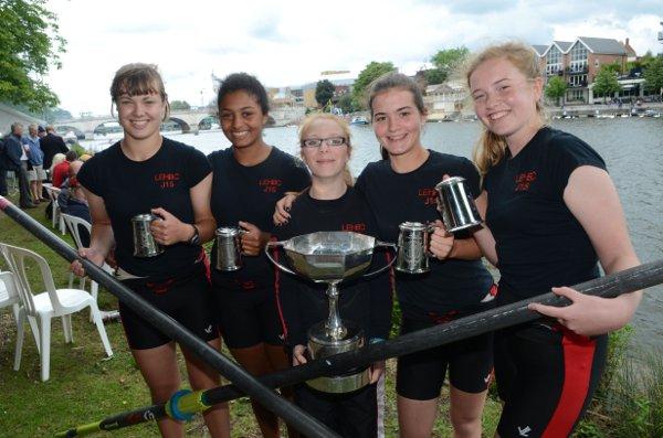 Silverware: Lady Eleanor Holles School’s intermediate girls coxed four Amy Ploglase, Lea Ogunlami, Celia Davies (cox), Carmen Traseira and Elizabeth Hogle celebrate their win over Oxford University Women’s Boat Club