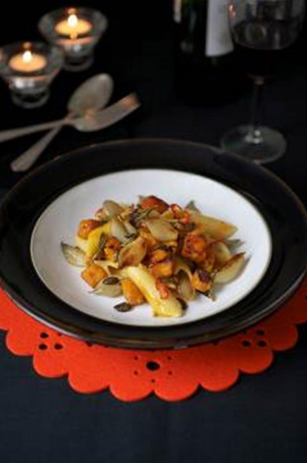 Roast Shallots with Pennoni Regati, Chargrilled Pumpkin and Pumpkin Seeds