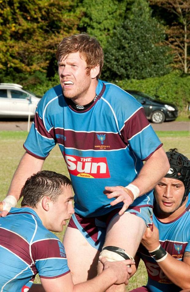 A helping hand: Wimbledon forwards Pete Wallace, Jules Callanan and Joey Nanau prepare for a line out against Dover
