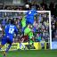 So close: Harrison's last-gasp header that could have sealed a remarkable come back against Cheltenham is about to hit the woodwork      SP70799