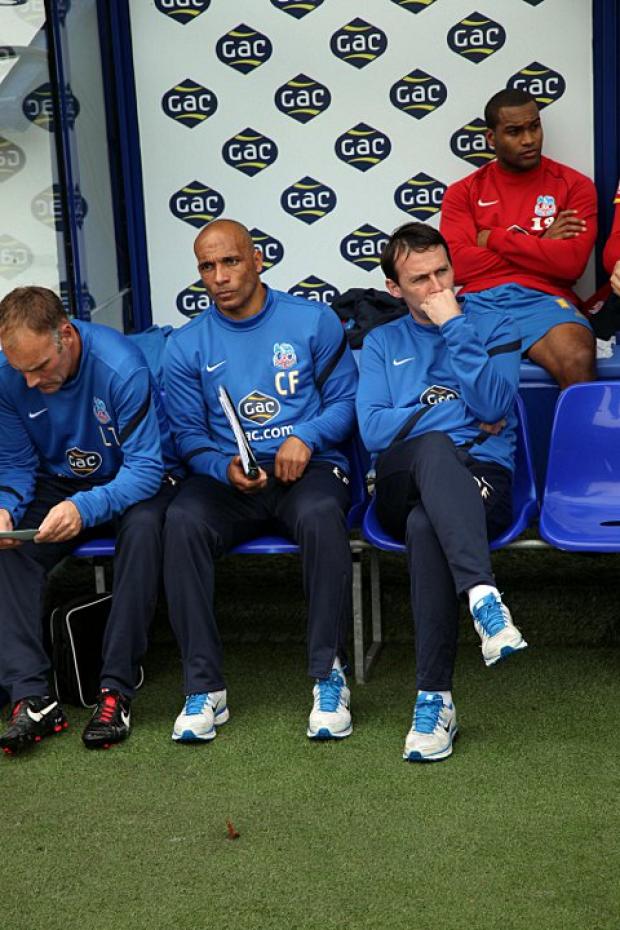 Penny for your thoughts: Palace boss Dougie Freedman contemplates the scene in front of him during Palace's 2-2 draw with Millwall in the Championship on Saturday SP70852