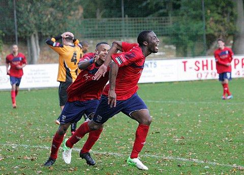 On target: Hampton Malvin Kamara celebrates scoring the only goal in Saturday's 1-0 FA Trophy win over Three Bridges, but the cheers turned to tears on Monday