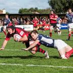 Dive, dive, dive: Jersey's Guy Thompson scores against London Scottish last weekend and owes Richmond for his rugby revival