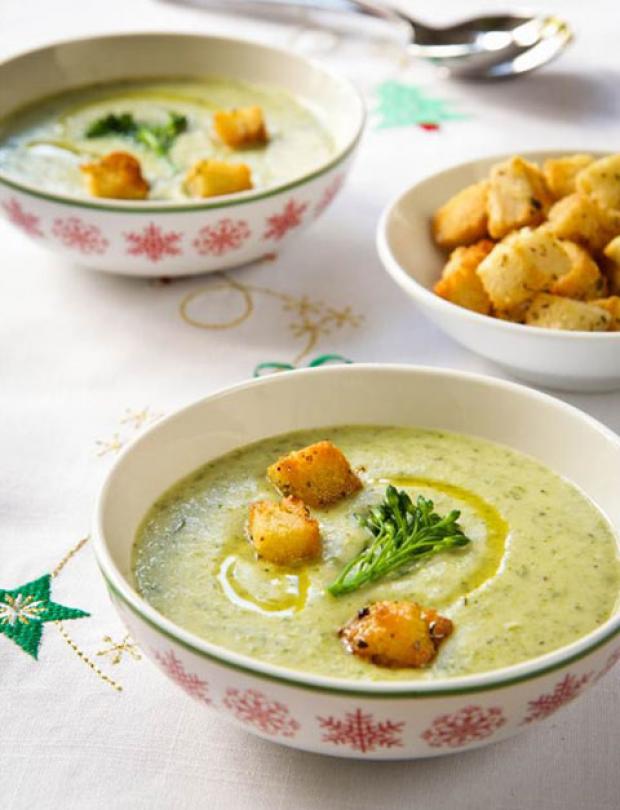 Creamy Dolcelatte and Tenderstem soup with tomato croutons