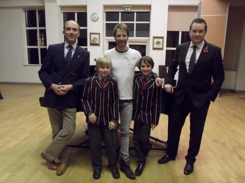 Chesney with Shrewsbury House headmaster Kevin Doble,  pupils Jonathan Cassens and Luca Wade, and head of music Benjamin Costello