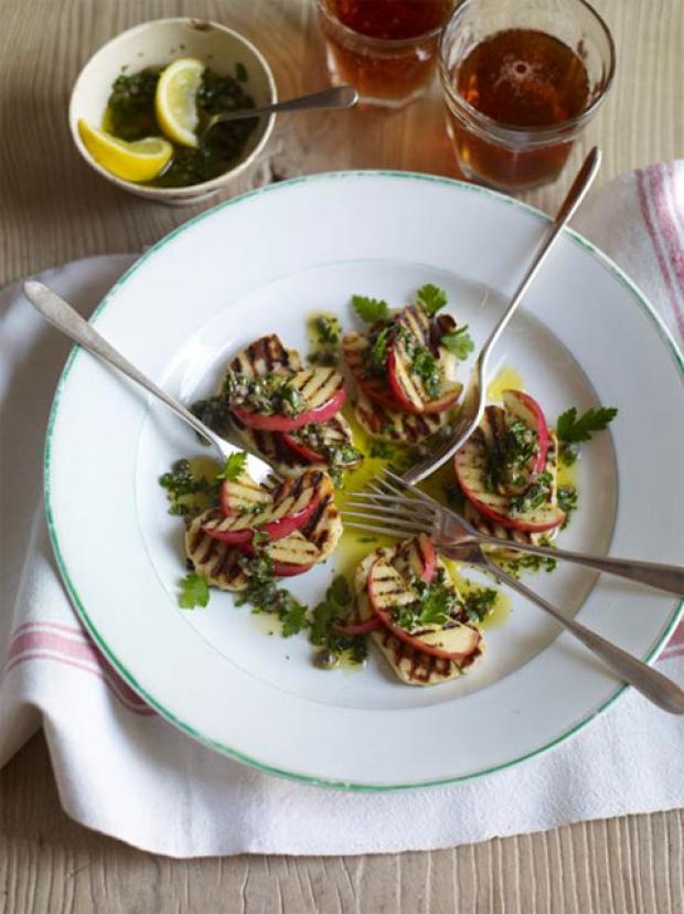 Griddled Halloumi and Pink Lady Apple Wedges with Caper, Anchovy and Herb Dressing