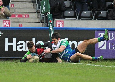 Doubled up: Winger Tom Williams scores the first try in his second half double