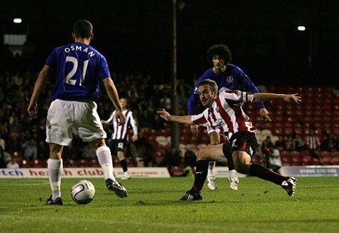 Flashback: Bees midfielder Kevin O’Connor had Everton’s Leon Osman and Marouane Fellaini for company during his team’s Carling Cup penalty shootout triumph over the Toffeemen in 2010. O’Connor would like Chelsea to field a similarly strong side B