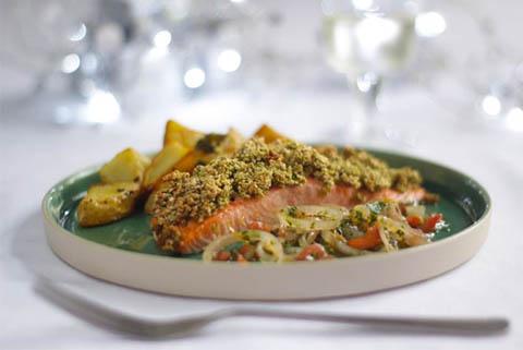 Recipe: Herby crust salmon with fresh shallot, tomato and herb sauce