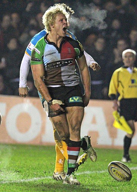 Sticking it to them: Quins centre Matt Hopper celebrates scoring against London Wasps last week