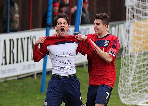 Tribute: Hampton striker Charlie Moone makes his own tribute to former Beveree bar manager Mark Smith, who died in January