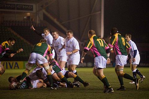 Rolling back the years: Jason Leonard, centre, in action for England Legends against South Africa Legends at the Stoop in 2010