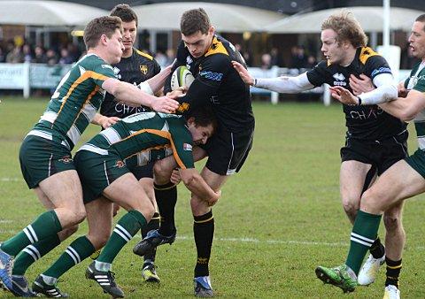 Back foot: Esher's Chris Elder is felled by the Ealing Trailfinders defence last week