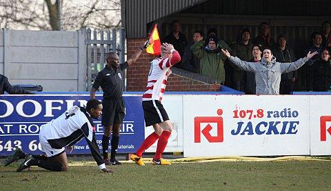 Exasperation: Lewis Taylor cannot believe a decision has gone against him in the 2-0 defeat to East Thurrock United SP72985