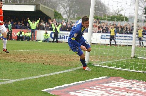 Goalscorer: Brennan Dickenson scores Dons’ second goal in Saturday’s 3-2 win over York City, that preceded a 3-1 win at Southend United SP74681