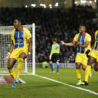 Wilfried Zaha celebrates scoring his second goal for Crystal Palace tonight. Picture: Action Images