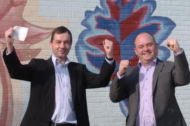 Streatham Guardian: Previous winner Mark Gilbert from the Three Wings Trust, celebrates his Gannett Foundation Grant with David Rankin, editor of the Surrey Comet and Richmond & Twickenham Times Streatham Guardian: Previous winner Mark Gilbert from the Three Wings Trust, celebrates his Gannett Foundation Grant with David Rankin, editor of the Surrey Comet and Richmond & Twickenham Times