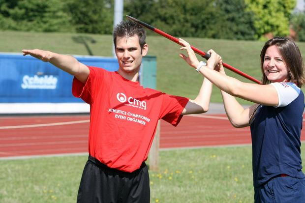 Streatham Guardian: Making a point: Double Olympian Goldie Sayers helps out Alex in the javelin competition SP78794 Streatham Guardian: Making a point: Double Olympian Goldie Sayers helps out Alex in the javelin competition SP78794