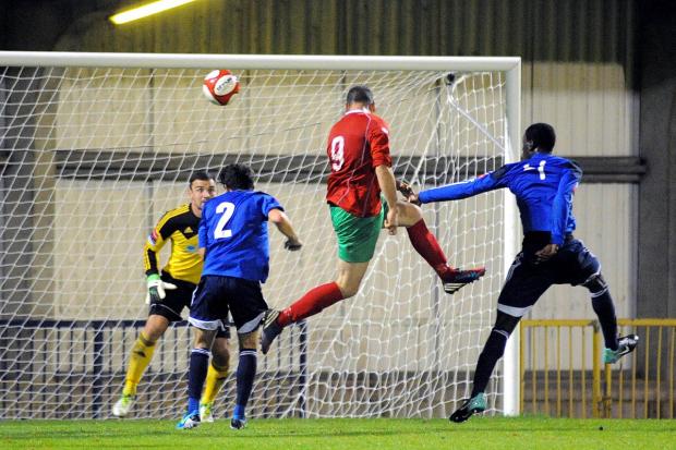 Streatham Guardian: Down and out: Chalfont's former AFC Wimbledon and Brentford striker Scott Fitzgerald heads home Tuesday's winner Streatham Guardian: Down and out: Chalfont's former AFC Wimbledon and Brentford striker Scott Fitzgerald heads home Tuesday's winner