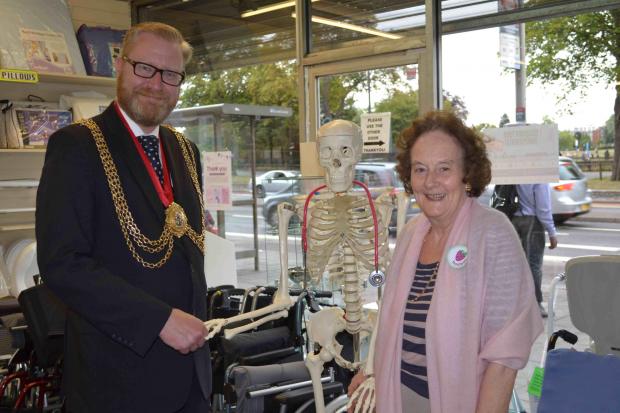 Streatham Guardian: Mayor of Lambeth meeting Madge & resident skeleton "Fred" at Mediworld Streatham Guardian: Mayor of Lambeth meeting Madge & resident skeleton "Fred" at Mediworld