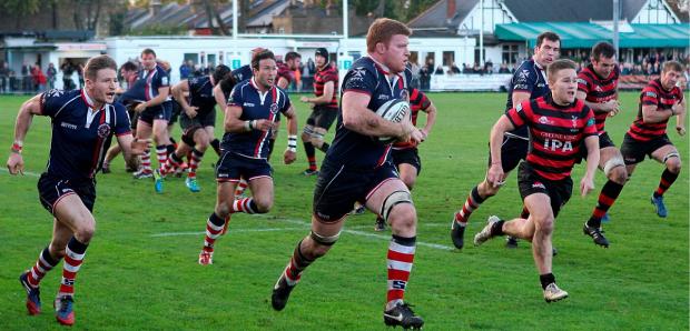 On the charge: Rosslyn Park’s Hugo Ellis on the move in Saturday's 21-8 win at Blackheath Picture: David Whittam