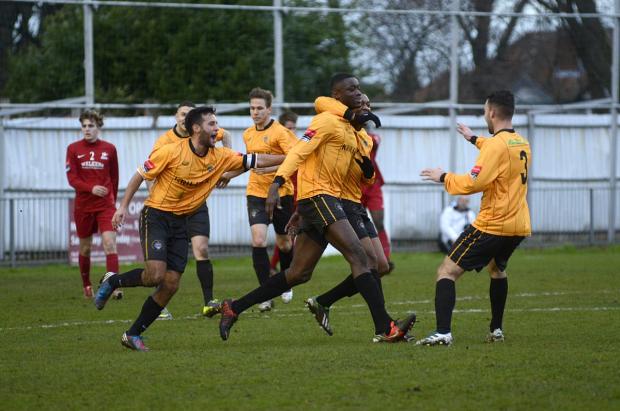 Streatham Guardian: Tough day: Cray Wanderers celebrate Jide Maduako's opener in the 2-0 win over Carshalton Athletic Streatham Guardian: Tough day: Cray Wanderers celebrate Jide Maduako's opener in the 2-0 win over Carshalton Athletic