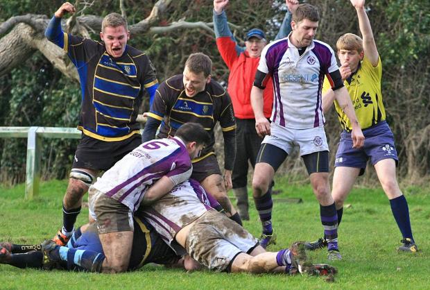 Streatham Guardian: Fleeting success: Old Walcountians celebrate scoring their only try against Old Tiffinians on Saturday Picture: Alun Stockton Streatham Guardian: Fleeting success: Old Walcountians celebrate scoring their only try against Old Tiffinians on Saturday Picture: Alun Stockton
