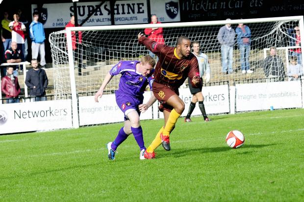 Streatham Guardian: New man: Rhys Coleman, here in action for Robins’ rivals Cray Wanderers, made his debut for Stuart Massey on Tuesday night, but he could not prevent a 4-0 home defeat to Dulwich Hamlet SP52241 Streatham Guardian: New man: Rhys Coleman, here in action for Robins’ rivals Cray Wanderers, made his debut for Stuart Massey on Tuesday night, but he could not prevent a 4-0 home defeat to Dulwich Hamlet SP52241