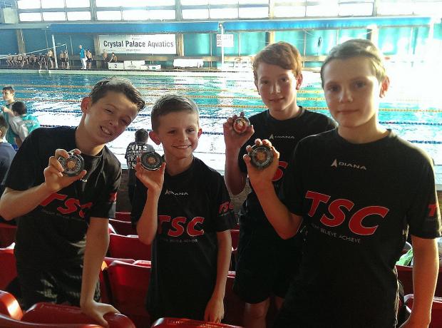 Streatham Guardian: Golden boys: Teddington’s victorious U11s relay squad show off their medals at Crystal Palace Streatham Guardian: Golden boys: Teddington’s victorious U11s relay squad show off their medals at Crystal Palace
