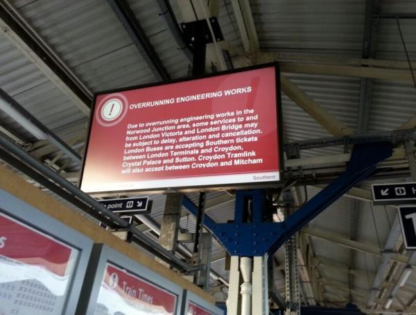 Streatham Guardian: Passengers at Wimbledon station were shown this message during the morning rush hour Streatham Guardian: Passengers at Wimbledon station were shown this message during the morning rush hour