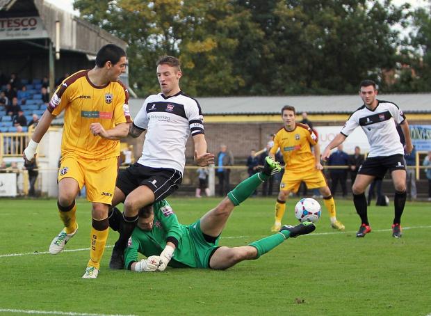 Streatham Guardian: Swapping sides: Jamie Slabber scores the winner in Sutton United’s 1-0 win over Bromley in October – next season, the striker will be in the white of Bromley after moving to Hayes Lane with team-mate Damian Scannell Picture: Paul Loughlin Streatham Guardian: Swapping sides: Jamie Slabber scores the winner in Sutton United’s 1-0 win over Bromley in October – next season, the striker will be in the white of Bromley after moving to Hayes Lane with team-mate Damian Scannell Picture: Paul Loughlin