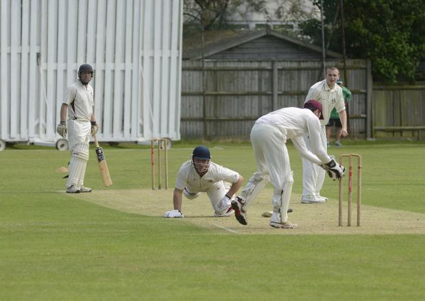 Streatham Guardian: Out of his ground: Malden Wanderers opener Alex Redmayne is run out for nine in Saturday’s seven wicket Surrey Championship Division one win over Cheam Streatham Guardian: Out of his ground: Malden Wanderers opener Alex Redmayne is run out for nine in Saturday’s seven wicket Surrey Championship Division one win over Cheam