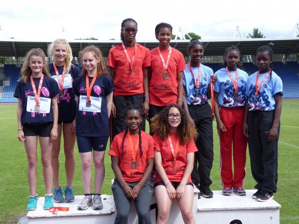 Streatham Guardian: Relay winners: Harriers' Tosin Salami, Chanice Gordon, Ola Olufemi-Krakue and Naomi Hoosang-Robinson at the London Youth Games Streatham Guardian: Relay winners: Harriers' Tosin Salami, Chanice Gordon, Ola Olufemi-Krakue and Naomi Hoosang-Robinson at the London Youth Games
