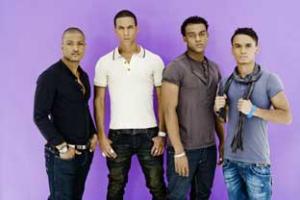 Ready to rock: JB, far left, with band member Marvin, Oritse and Ashton